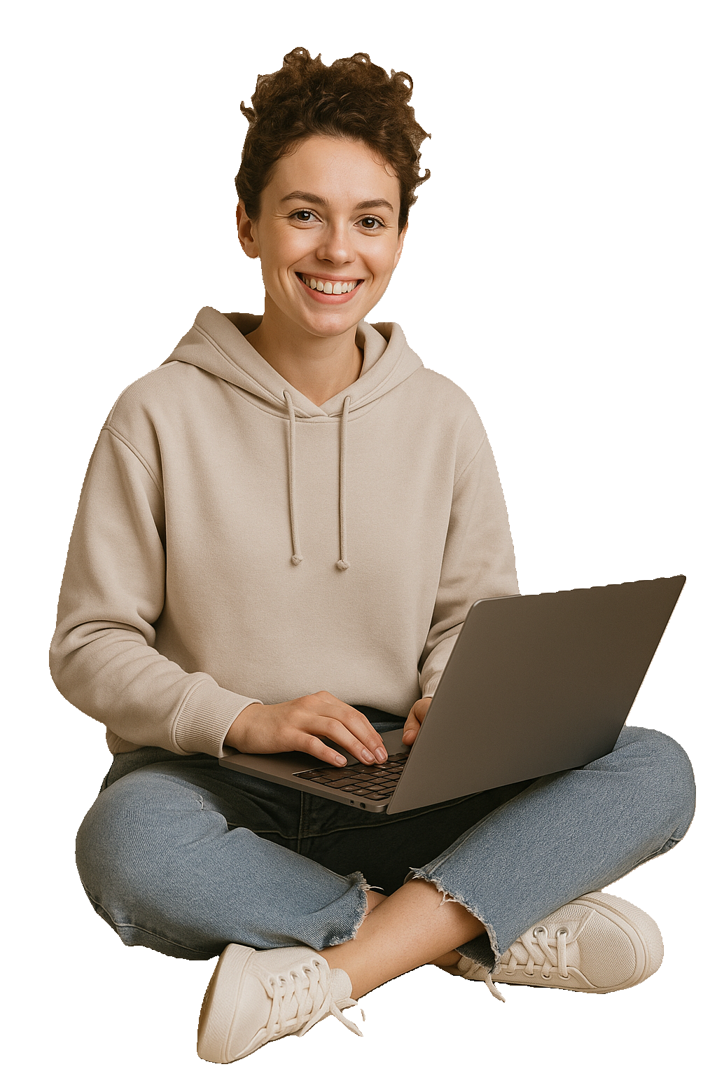 Mulher jovem sorridente usando notebook sentada em posição de lótus